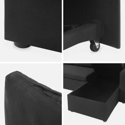 Canapé d'angle convertible en tissu noir - IDA - 3 places. fauteuil d'angle réversible coffre rangement lit modulable
