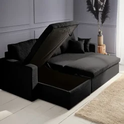 Canapé d'angle convertible en tissu noir - IDA - 3 places. fauteuil d'angle réversible coffre rangement lit modulable