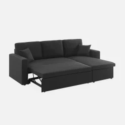 Canapé d'angle convertible en tissu noir - IDA - 3 places. fauteuil d'angle réversible coffre rangement lit modulable