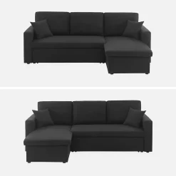 Canapé d'angle convertible en tissu noir - IDA - 3 places. fauteuil d'angle réversible coffre rangement lit modulable