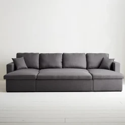 Canapé panoramique convertible en tissu gris foncé. 4 places. coffre rangement. lit modulable