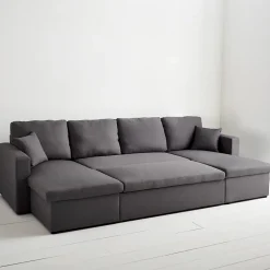 Canapé panoramique convertible en tissu gris foncé. 4 places. coffre rangement. lit modulable