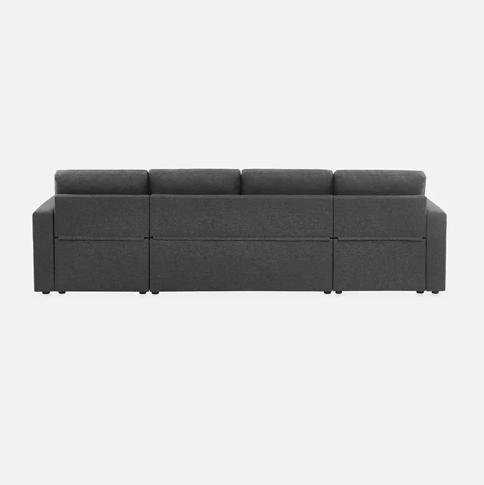 Canapé panoramique convertible en tissu gris foncé. 4 places. coffre rangement. lit modulable