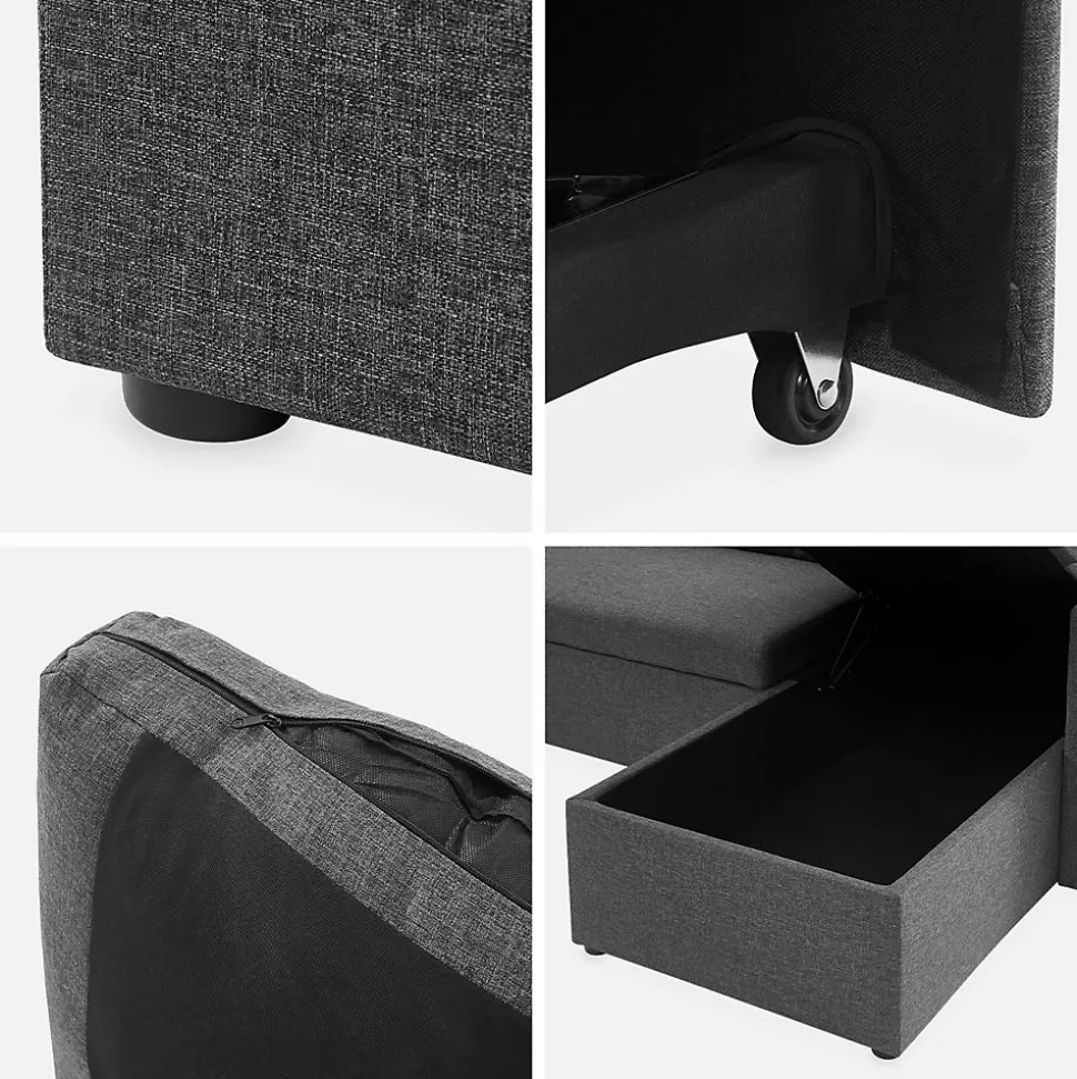 Canapé panoramique convertible en tissu gris foncé. 4 places. coffre rangement. lit modulable