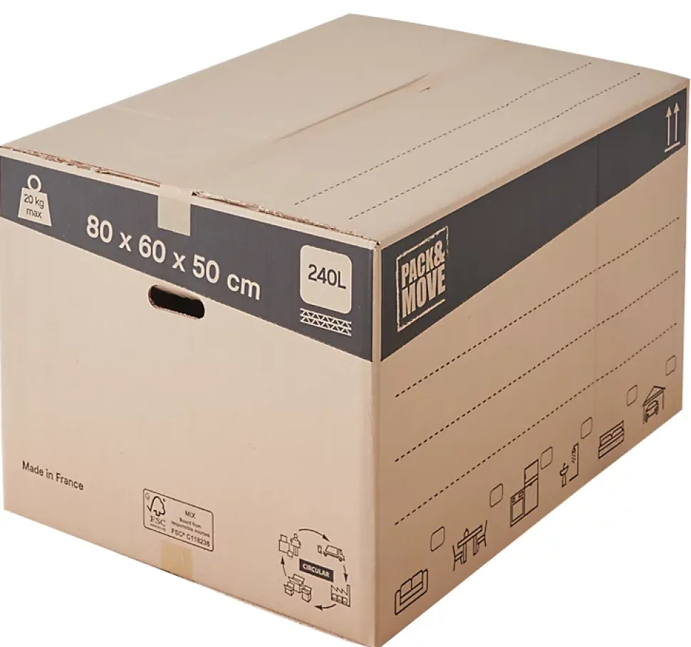 Carton de déménagement vendu par 10 XXL avec poignées H. 50 x L. 80 x l. 60 cm, capacité 240 L Pack and Move