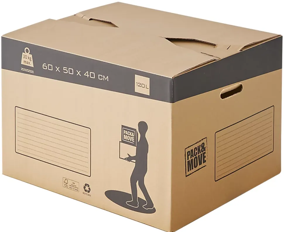 Carton de déménagement vendu par 10 sans adhésif avec poignées H. 40 x L. 60 x l. 50 cm, capacité 120 L Pack and Move