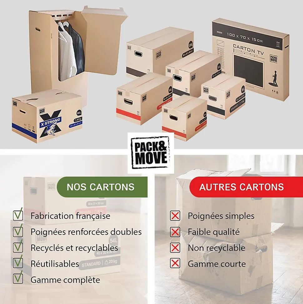 Cartons déménagement premium 54L (60 x 30 x 30 cm) et adhésifs offerts