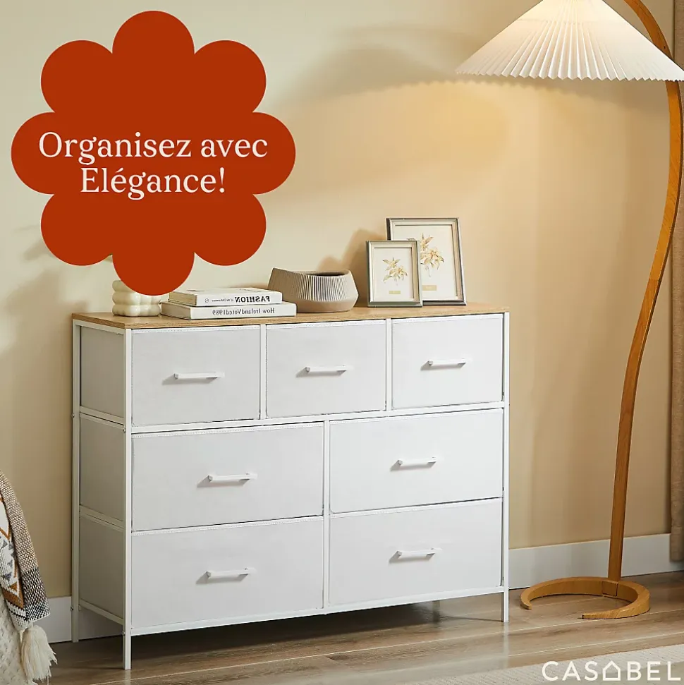 CASABEL Commode 7 tiroirs cadre metal blanc et plateau en bois meuble de rangement 100x30x75 cm pratique et polyvalente