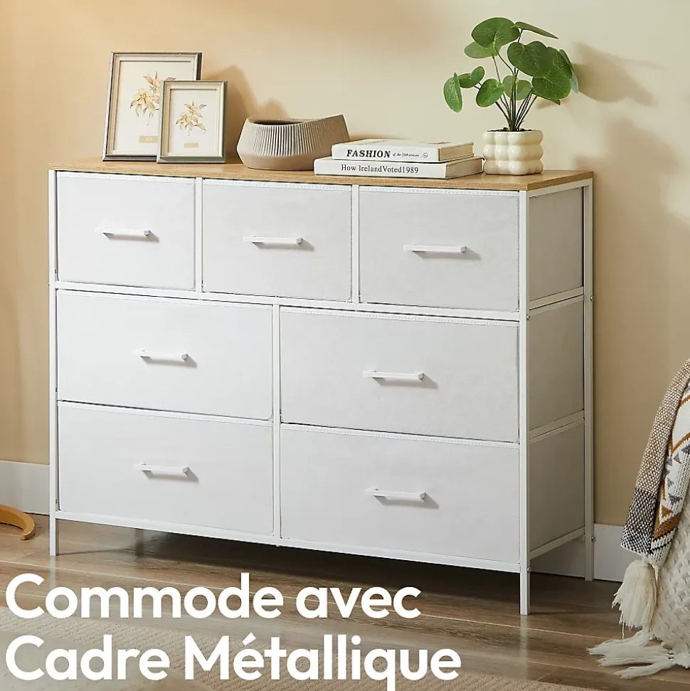 CASABEL Commode 7 tiroirs cadre metal blanc et plateau en bois meuble de rangement 100x30x75 cm pratique et polyvalente
