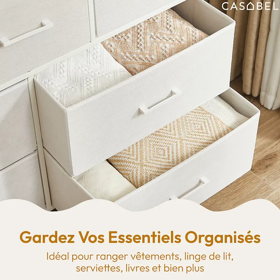 CASABEL Commode 7 tiroirs cadre metal blanc et plateau en bois meuble de rangement 100x30x75 cm pratique et polyvalente