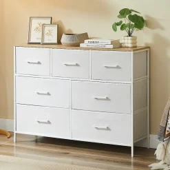 CASABEL Commode 7 tiroirs cadre metal blanc et plateau en bois meuble de rangement 100x30x75 cm pratique et polyvalente