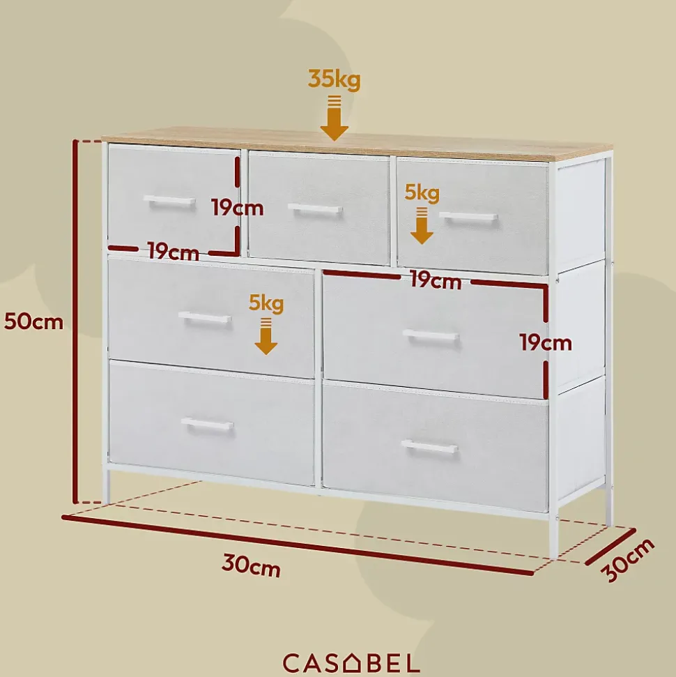 CASABEL Commode 7 tiroirs cadre metal blanc et plateau en bois meuble de rangement 100x30x75 cm pratique et polyvalente