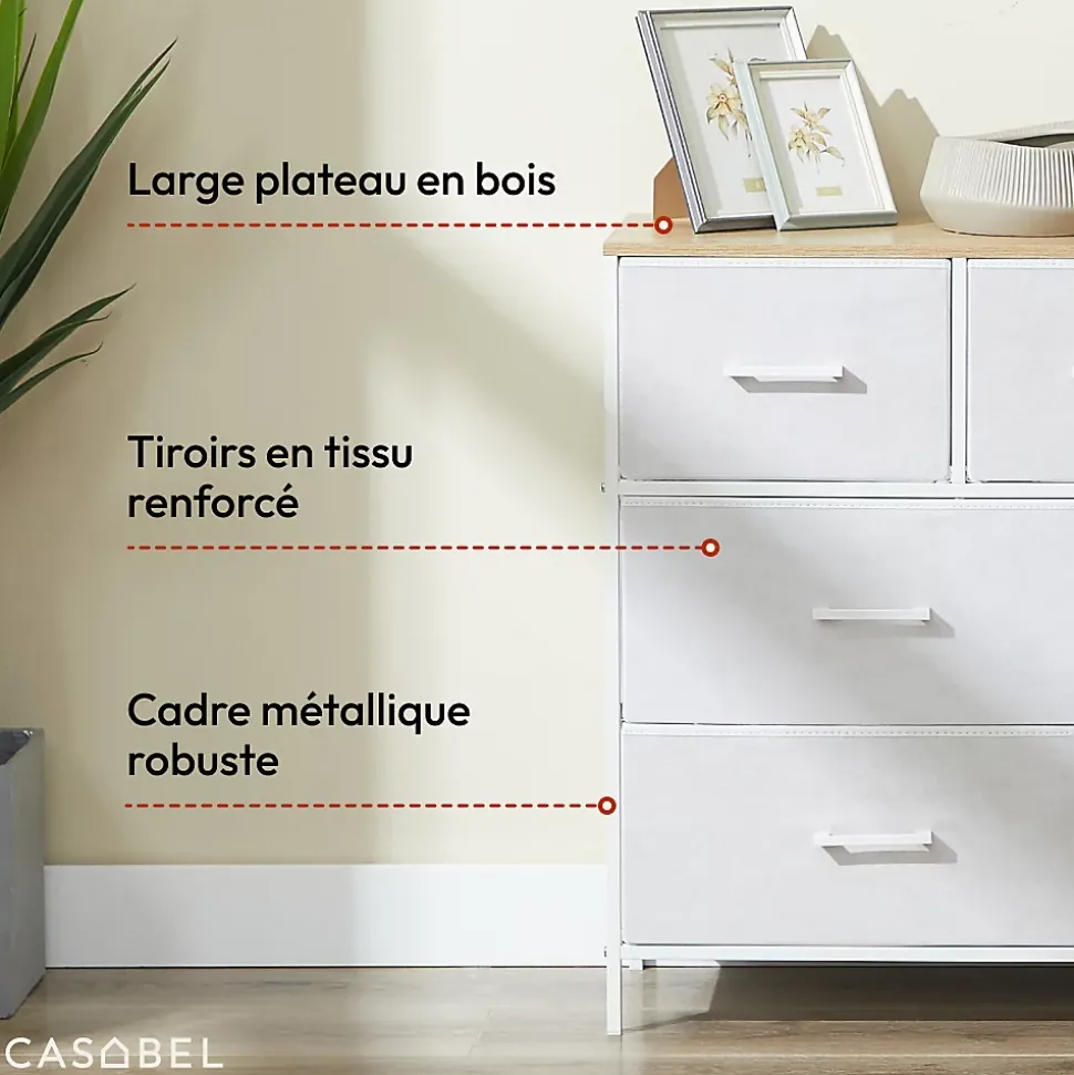 CASABEL Commode 7 tiroirs cadre metal blanc et plateau en bois meuble de rangement 100x30x75 cm pratique et polyvalente