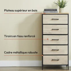 CASABEL Commode haute 5 tiroirs en tissu rigide metal noir et bois 45x30x94 cm ideale pour chambre salon ou entree