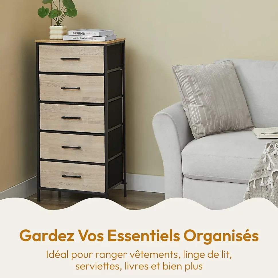 CASABEL Commode haute 5 tiroirs en tissu rigide metal noir et bois 45x30x94 cm ideale pour chambre salon ou entree