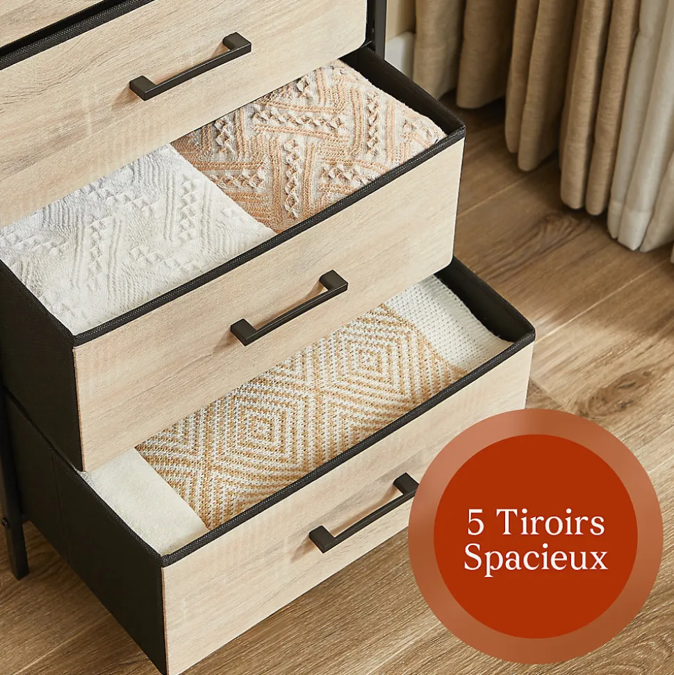 CASABEL Commode haute 5 tiroirs en tissu rigide metal noir et bois 45x30x94 cm ideale pour chambre salon ou entree