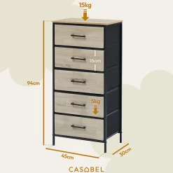 CASABEL Commode haute 5 tiroirs en tissu rigide metal noir et bois 45x30x94 cm ideale pour chambre salon ou entree