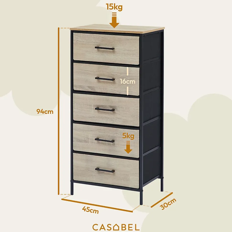CASABEL Commode haute 5 tiroirs en tissu rigide metal noir et bois 45x30x94 cm ideale pour chambre salon ou entree