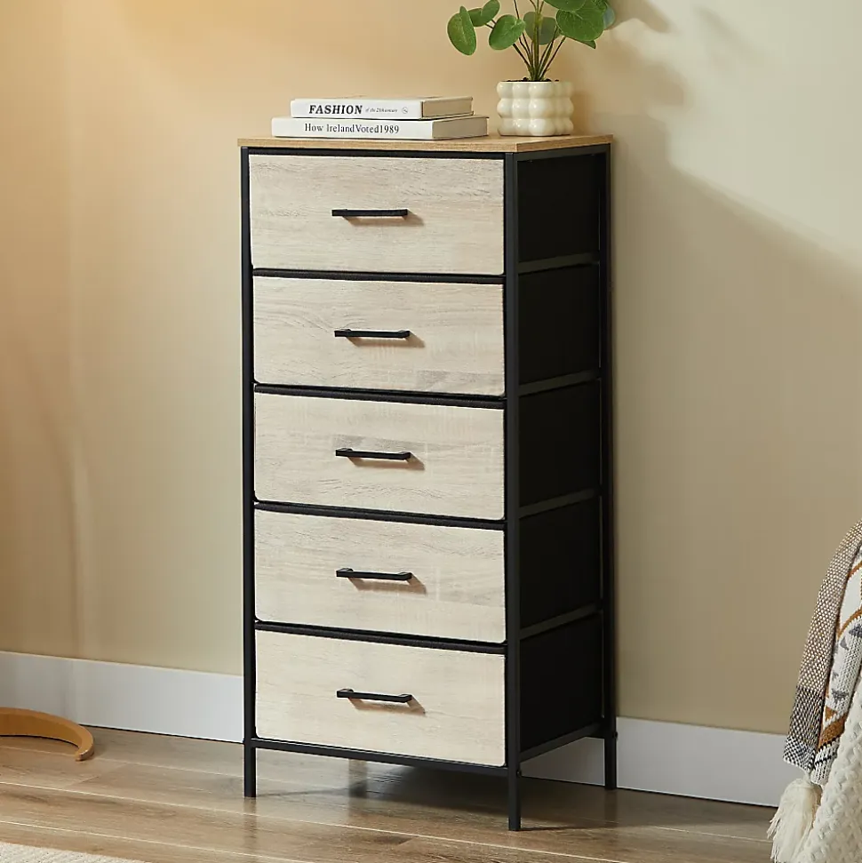 CASABEL Commode haute 5 tiroirs en tissu rigide metal noir et bois 45x30x94 cm ideale pour chambre salon ou entree