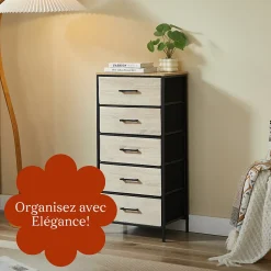 CASABEL Commode haute 5 tiroirs en tissu rigide metal noir et bois 45x30x94 cm ideale pour chambre salon ou entree