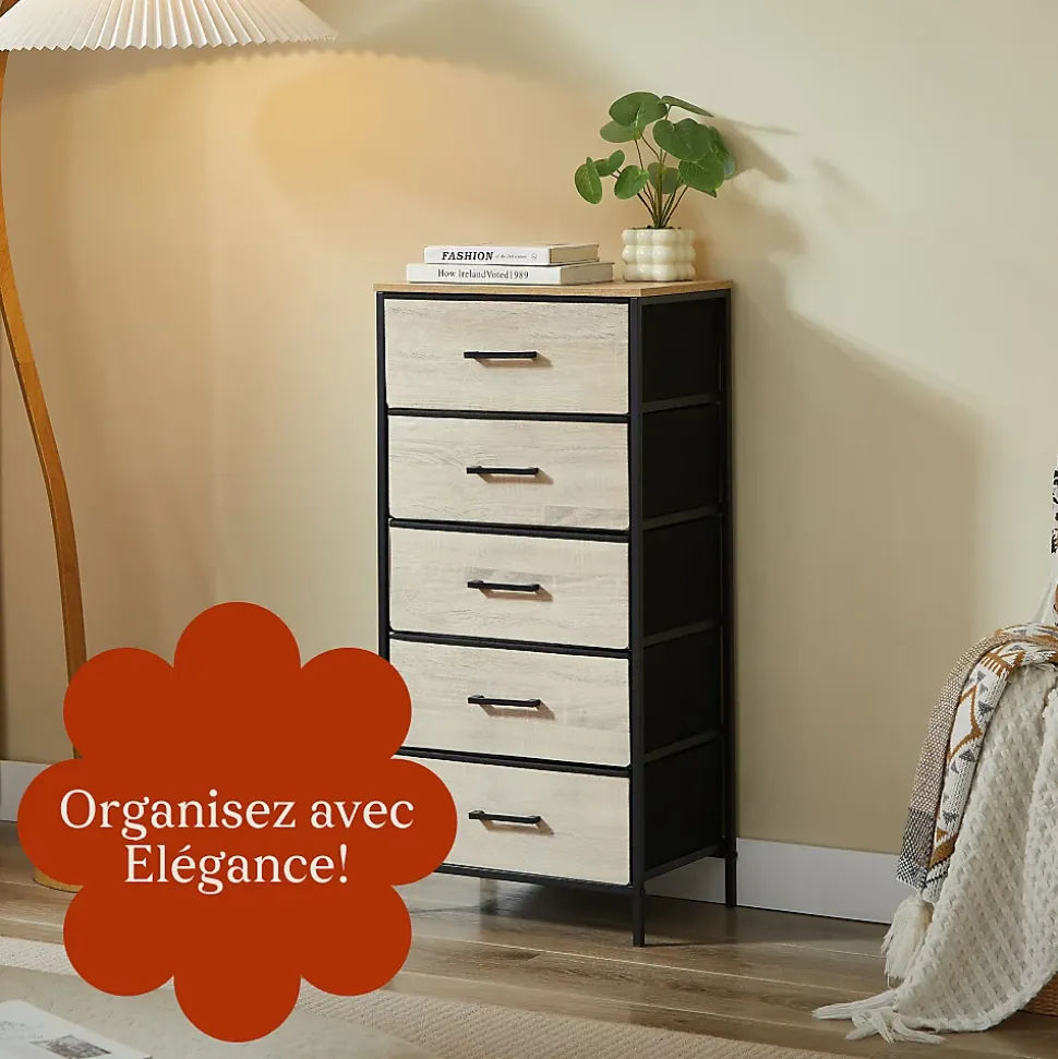 CASABEL Commode haute 5 tiroirs en tissu rigide metal noir et bois 45x30x94 cm ideale pour chambre salon ou entree