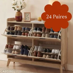 CASABEL Meuble à Chaussures 4 Abattants, Façades à motif croix, Bois, Grande Capacité 24 Paires, Meuble Entrée Compact