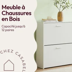 CASABEL Meuble à Chaussures Moderne 2 Abattants - Rangement Chaussures 12 Paires - Blanc - Meuble en Bois Composite