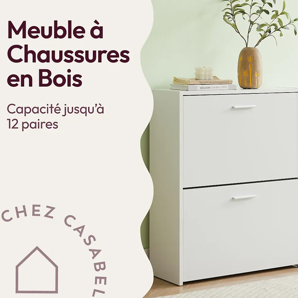 CASABEL Meuble à Chaussures Moderne 2 Abattants - Rangement Chaussures 12 Paires - Blanc - Meuble en Bois Composite