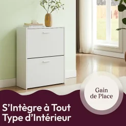 CASABEL Meuble à Chaussures Moderne 2 Abattants - Rangement Chaussures 12 Paires - Blanc - Meuble en Bois Composite