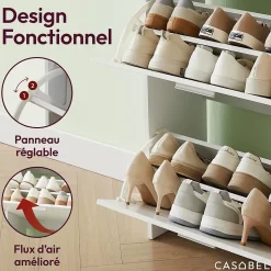 CASABEL Meuble à Chaussures Moderne 2 Abattants - Rangement Chaussures 12 Paires - Blanc - Meuble en Bois Composite