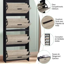 CASABEL Meuble Rangement Chaussure 24 Paires - Pour Entree Couloir - 60x24x150 cm - Noir
