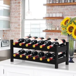 Casier à Vin avec 12 Bouteilles étagère à Vin en Bambou Armoire de Rangement pour à Vin 12 Bouteilles avec 2 Niveaux Marron