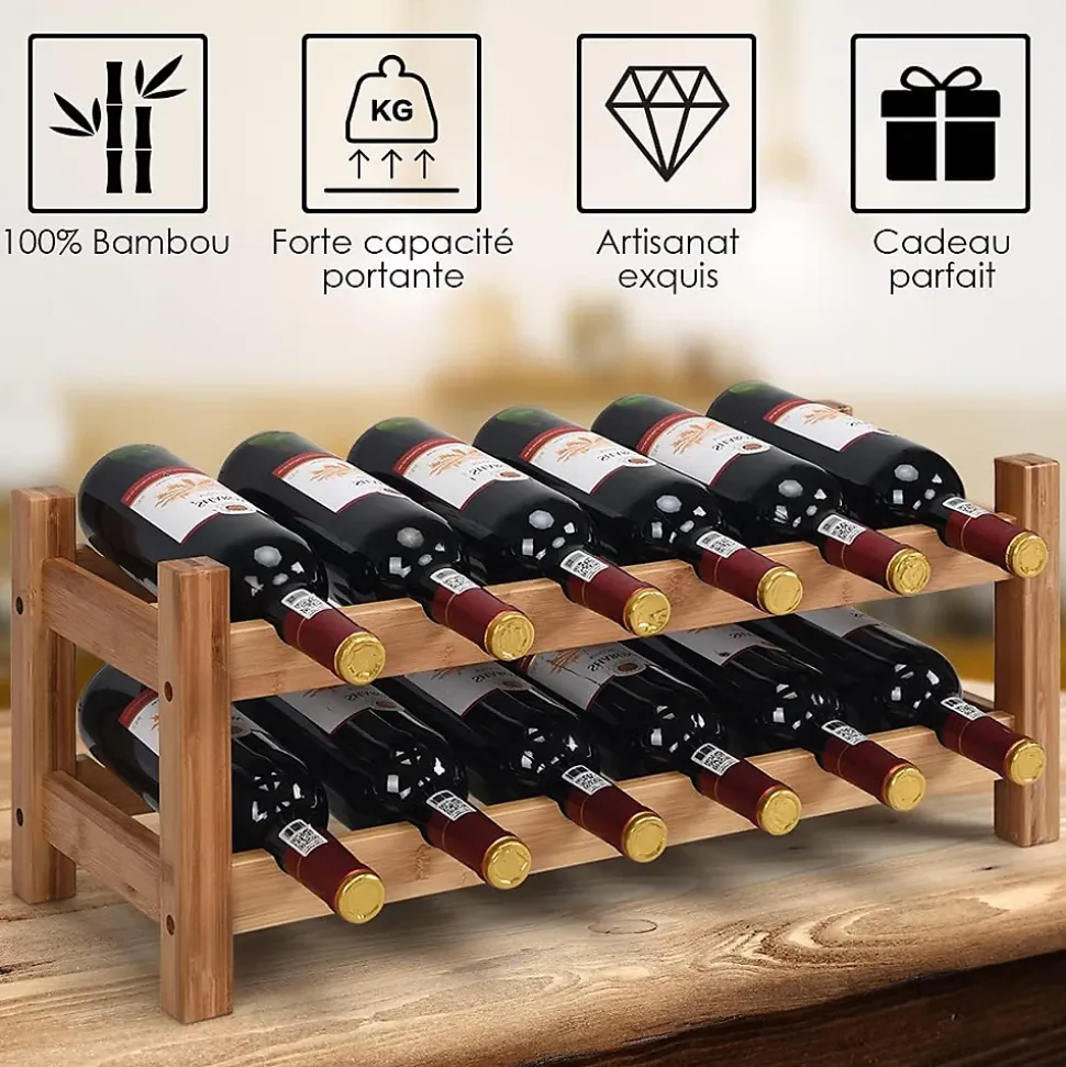 Casier à Vin avec 12 Bouteilles étagère à Vin en Bambou Armoire de Rangement pour à Vin 12 Bouteilles avec 2 Niveaux Naturel
