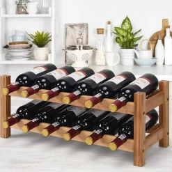 Casier à Vin avec 12 Bouteilles étagère à Vin en Bambou Armoire de Rangement pour à Vin 12 Bouteilles avec 2 Niveaux Naturel