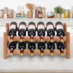 Casier à Vin avec 12 Bouteilles étagère à Vin en Bambou Armoire de Rangement pour à Vin 12 Bouteilles avec 2 Niveaux Naturel