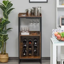 Casier à vin design industriel étagère à bouteilles 9 bouteilles support verres à vin intégré métal noir aspect vieux bois veinage