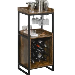Casier à vin design industriel étagère à bouteilles 9 bouteilles support verres à vin intégré métal noir aspect vieux bois veinage