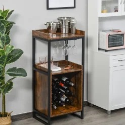 Casier à vin design industriel étagère à bouteilles 9 bouteilles support verres à vin intégré métal noir aspect vieux bois veinage