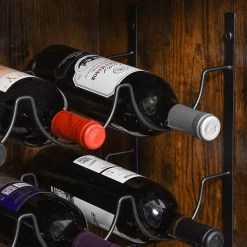 Casier à vin design industriel étagère à bouteilles 9 bouteilles support verres à vin intégré métal noir aspect vieux bois veinage