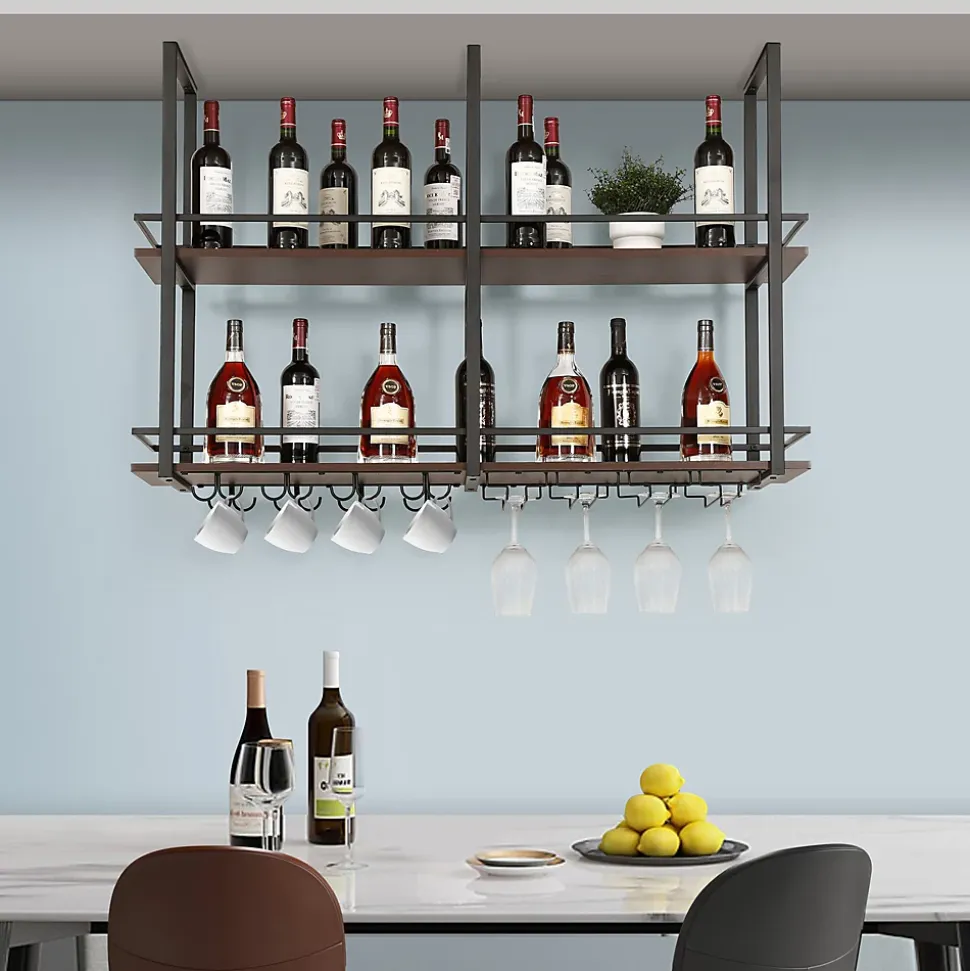 Casier à vin suspendu Hubro métal 120 x 30 x 85 cm noir effet noyer en.casa