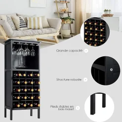 Casier a Vin avec 20 Emplacements et Porte gobelet Etagere a Bouteille en Pin pour Cave Noir