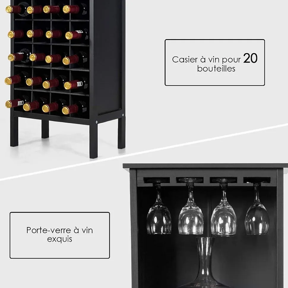 Casier a Vin avec 20 Emplacements et Porte gobelet Etagere a Bouteille en Pin pour Cave Noir