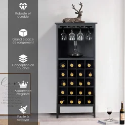 Casier a Vin avec 20 Emplacements et Porte gobelet Etagere a Bouteille en Pin pour Cave Noir