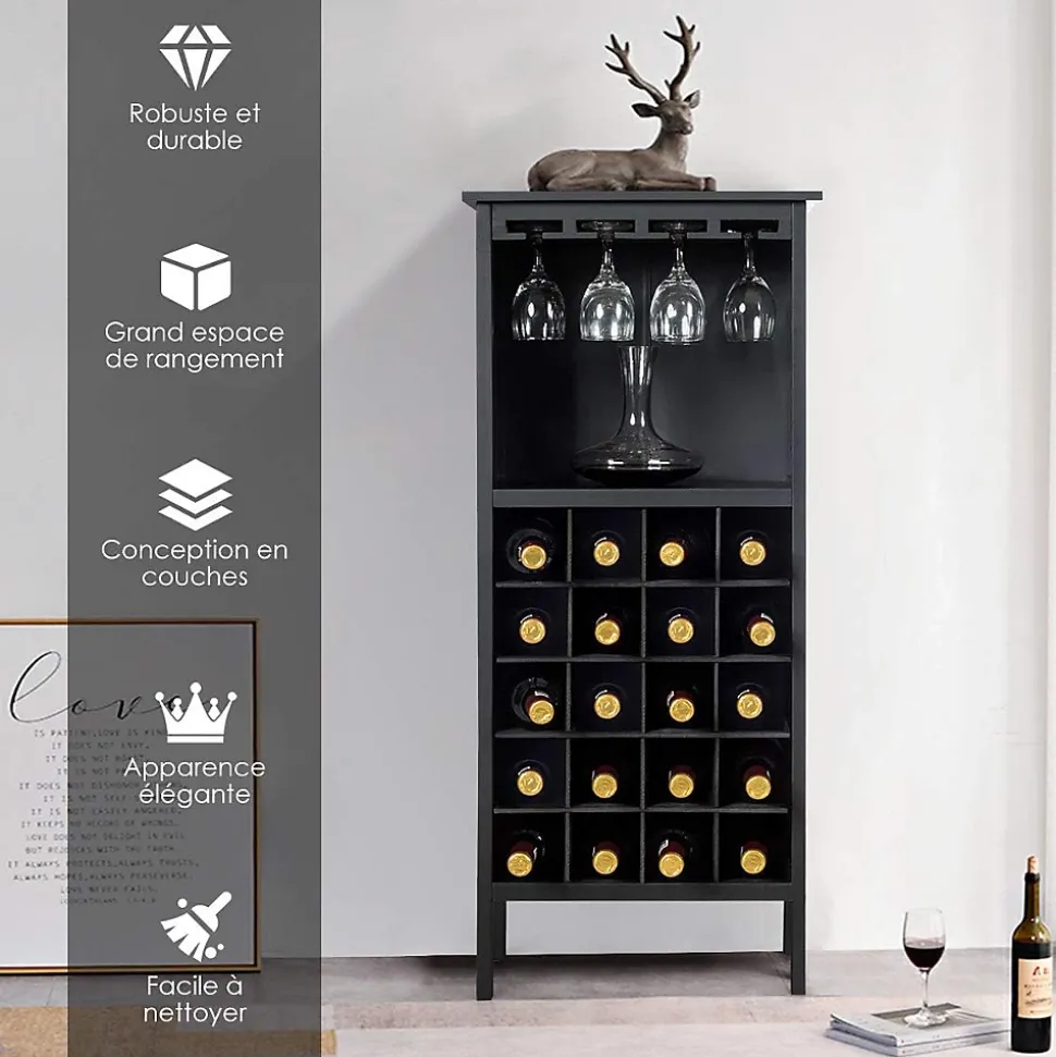 Casier a Vin avec 20 Emplacements et Porte gobelet Etagere a Bouteille en Pin pour Cave Noir