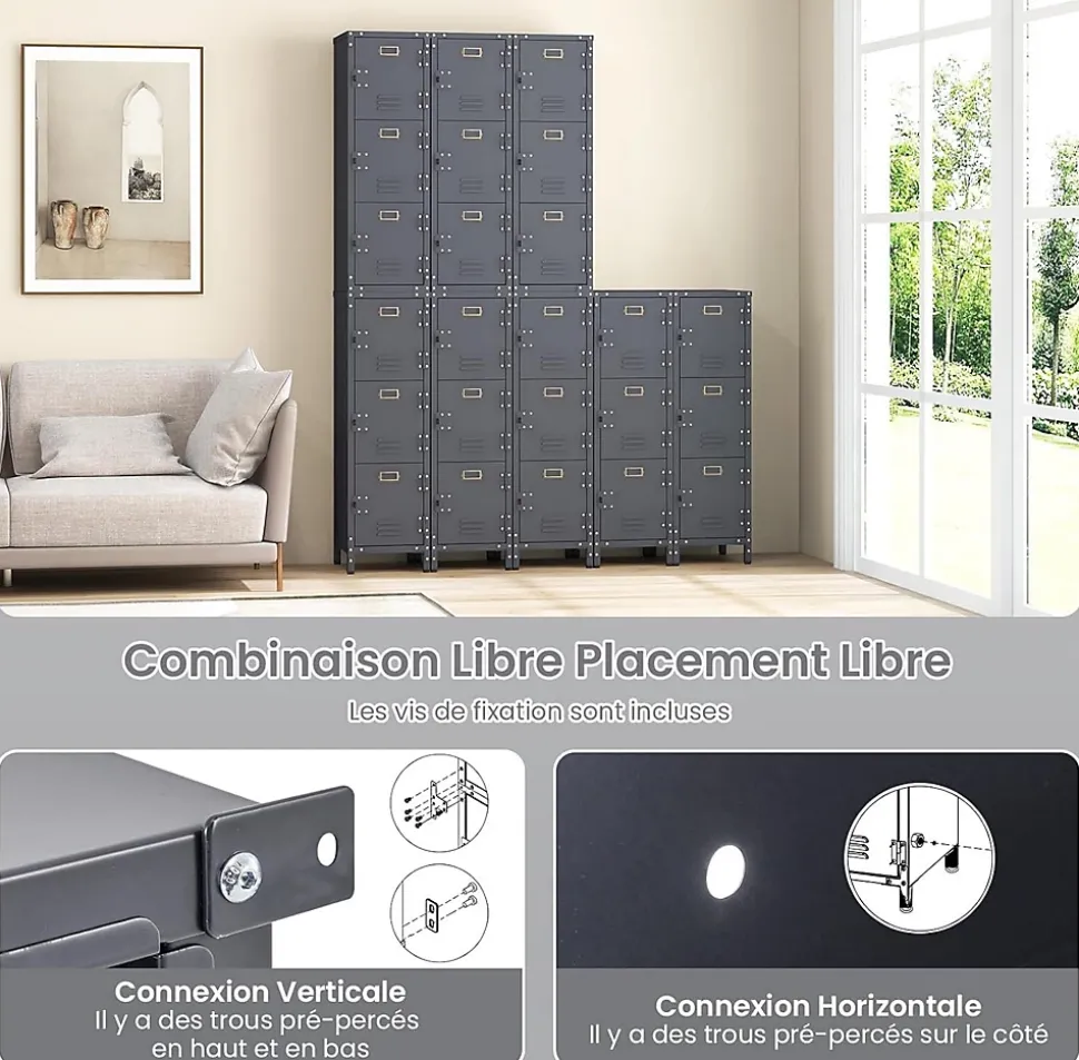 Casier en Métal à 3 Portes Verrouillables Armoire de Rangement 3 Etagères Verticale Empilable Casier Vestiaire College
