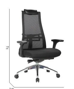 Chaise à roulettes Bascape, Fauteuil de direction en maille avec accoudoirs, Siège de bureau ergonomique, 71x69h110/118 cm, Noir