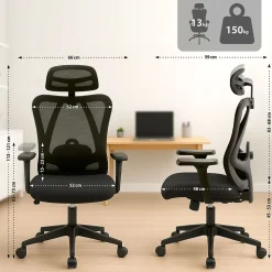 Chaise bureau Elisha, ergonomique avec soutien lombaire, ajustable en hauteur, pivotante, revêtement mesh respirant Noir