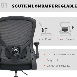Chaise bureau ergonomique assise haute réglable 53-78cm pivotant accoudoirs relevables noir