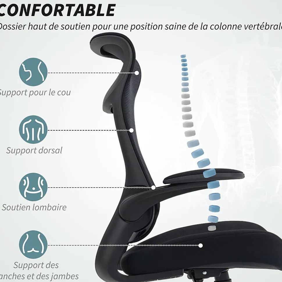 Chaise bureau ergonomique réglable accoudoirs 4D relevables rembourrés maille noir