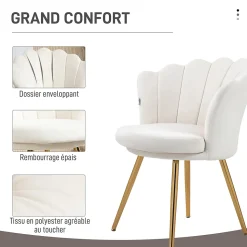 Chaise coquillage chaise design pieds métal dorés effilés velours crème